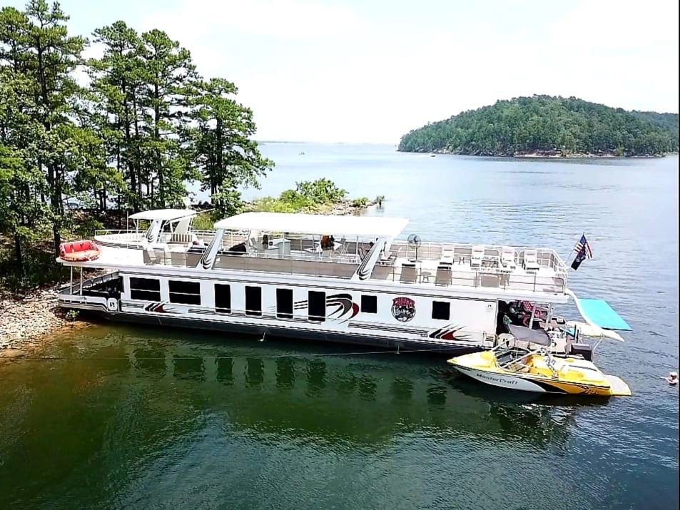 Aerial view of the Sharpe houseboat anchored on Lake DeGray