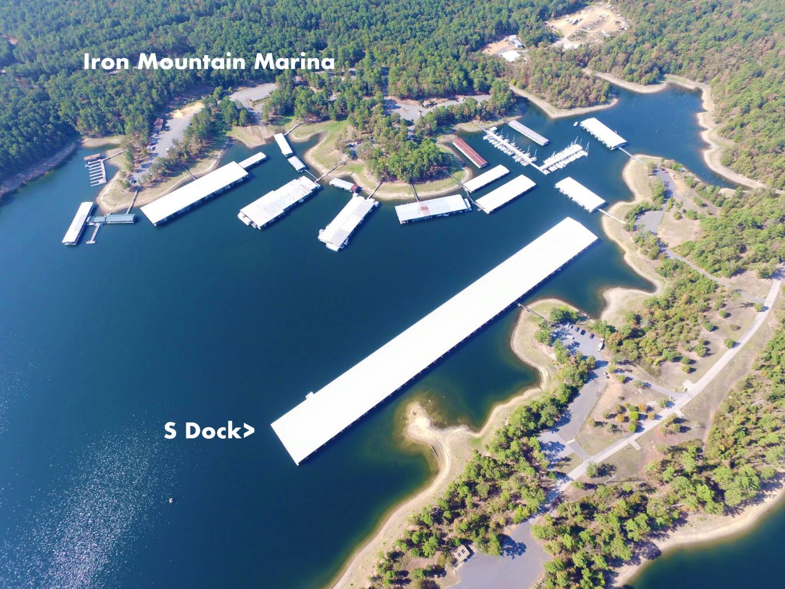 Aerial map showing S Dock at Iron Mountain Marina