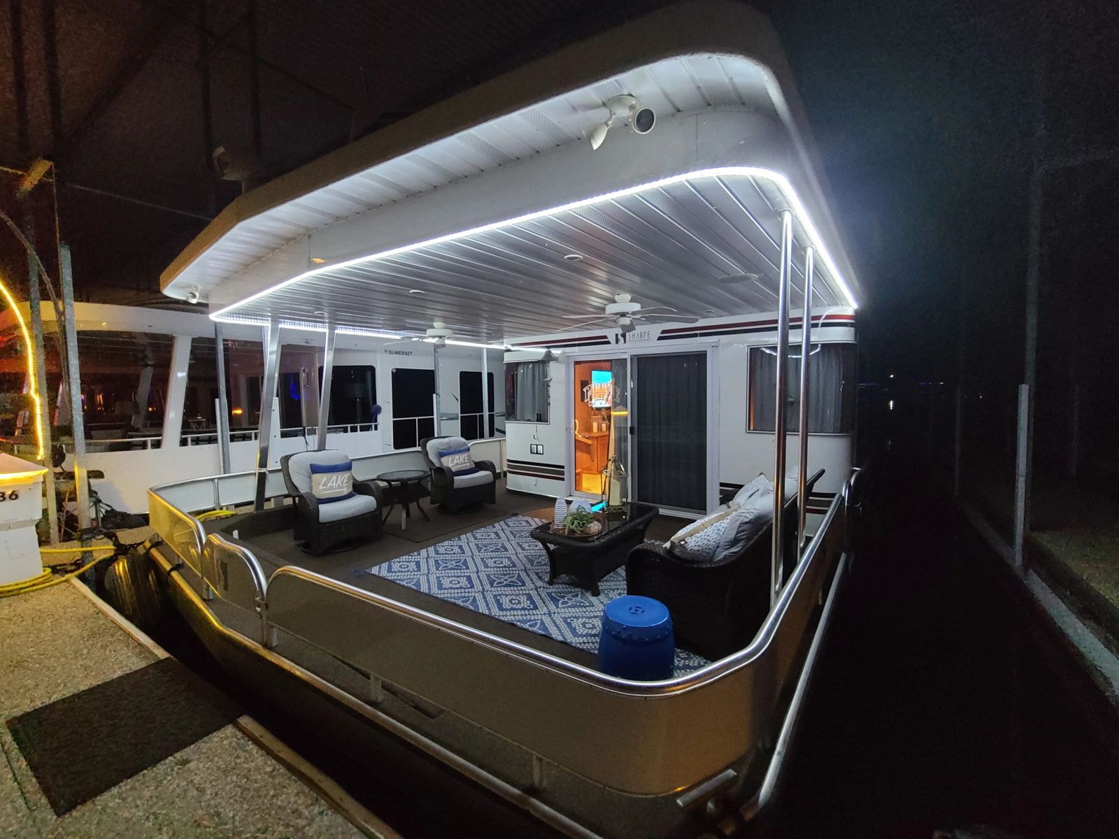 Wide view of the covered aft-deck seating area