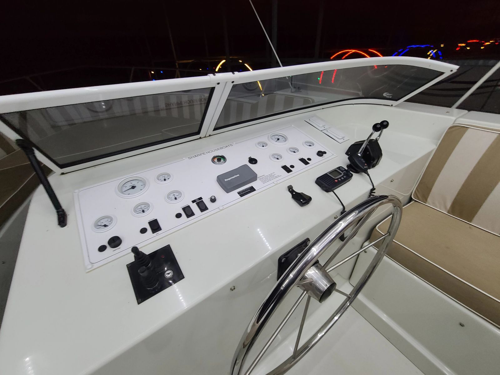 Upper helm controls on the Sharpe houseboat