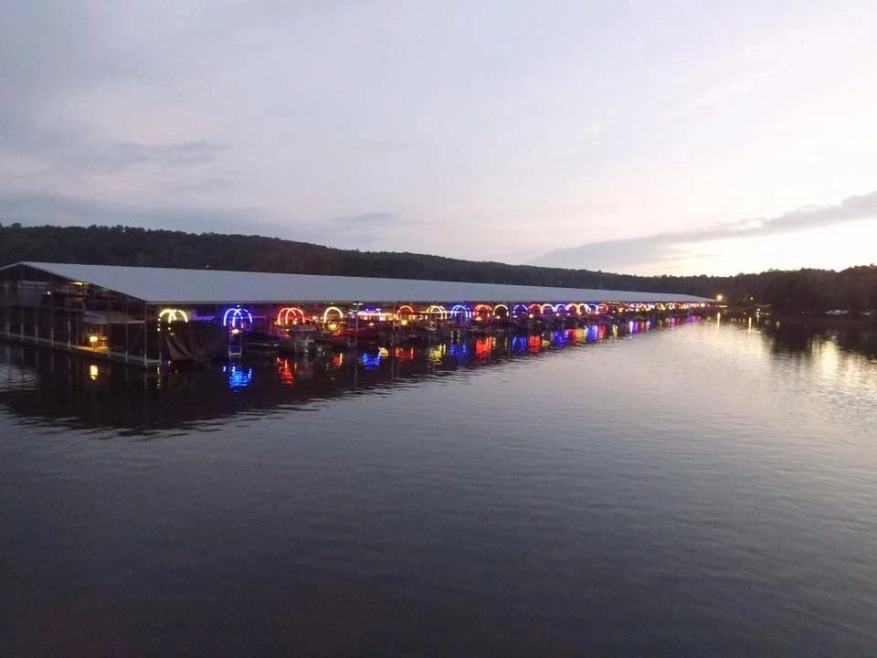 S Dock glowing with colorful lights at night