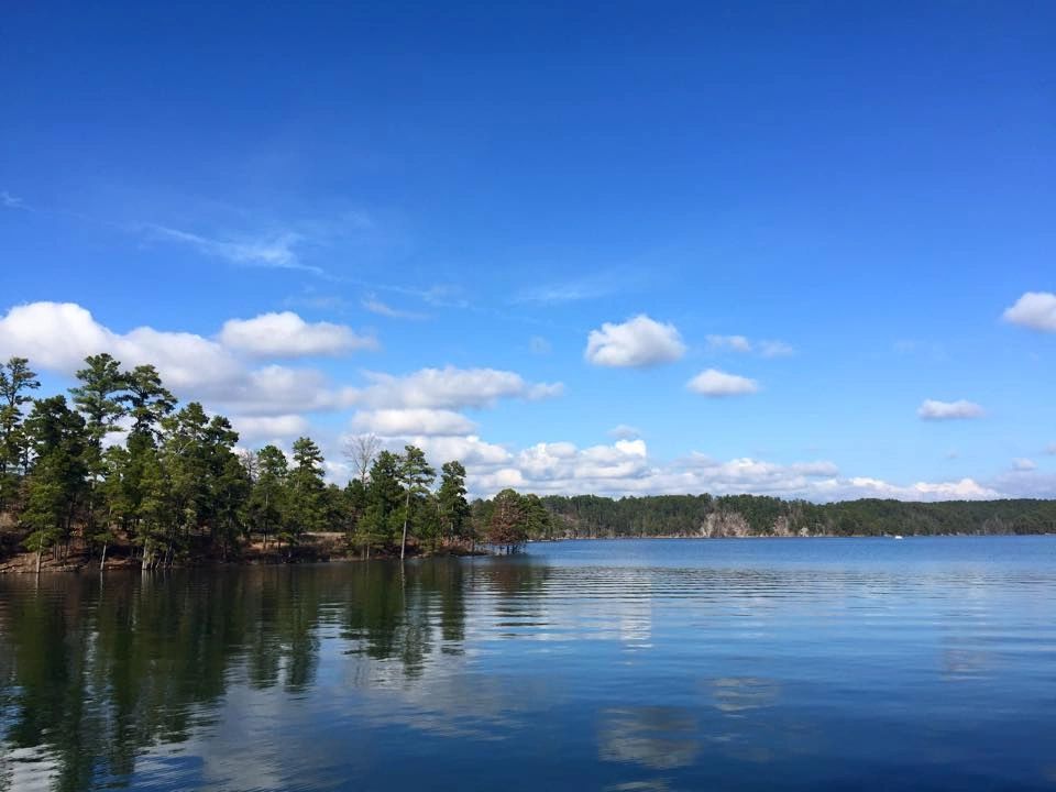 Quiet blue water and forested Lake DeGray shoreline